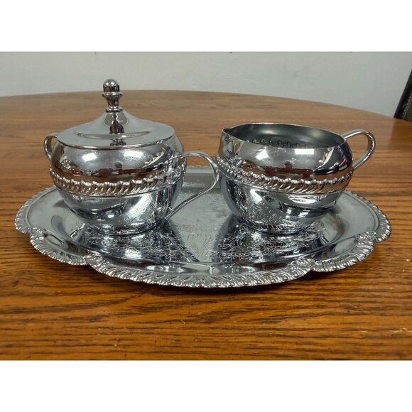 Irvinware Chromeware Cream And Sugar Set With Tray Made In USA Vintage 1970s - Picture 4 of 12